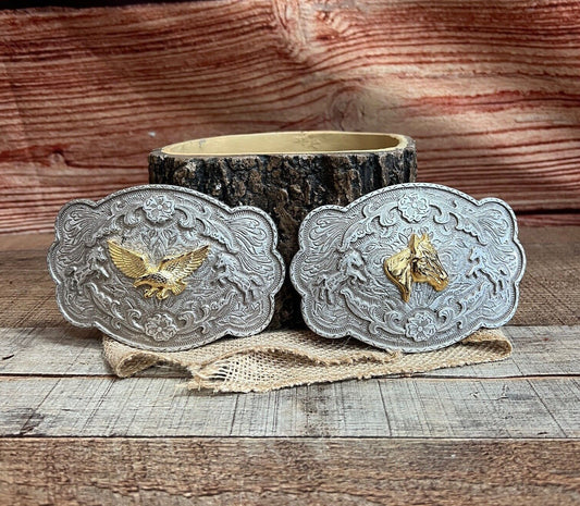 Western Cowboy Cowgirl Buckle Eagle/Horse Hebilla Vaquera De Aguila/Caballo Silver and Gold