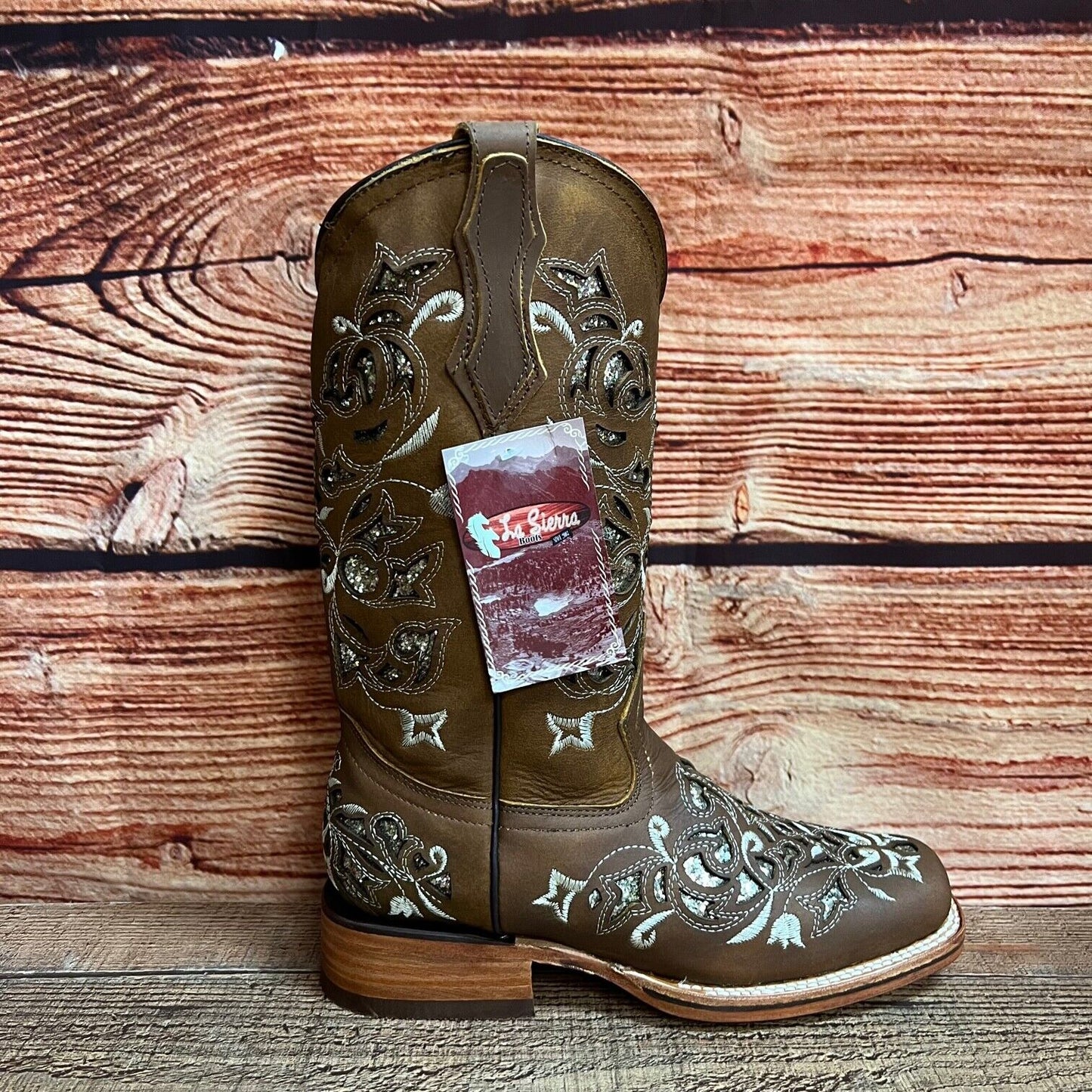 Botas de mujer de cuero cincelado con incrustaciones de purpurina y punta cuadrada de rodeo occidental Est.258/930 Dama Glitter