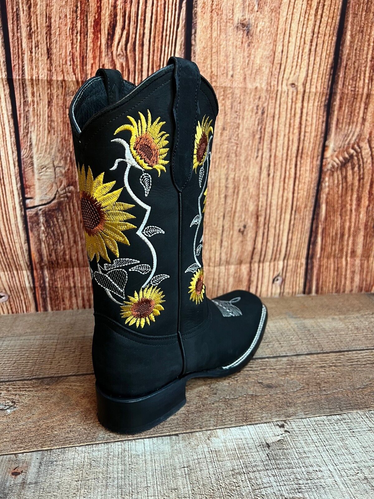 Botas de cuero con bordado de girasoles y punta cuadrada estilo rodeo occidental para mujer, aprox. 808 Girasoles