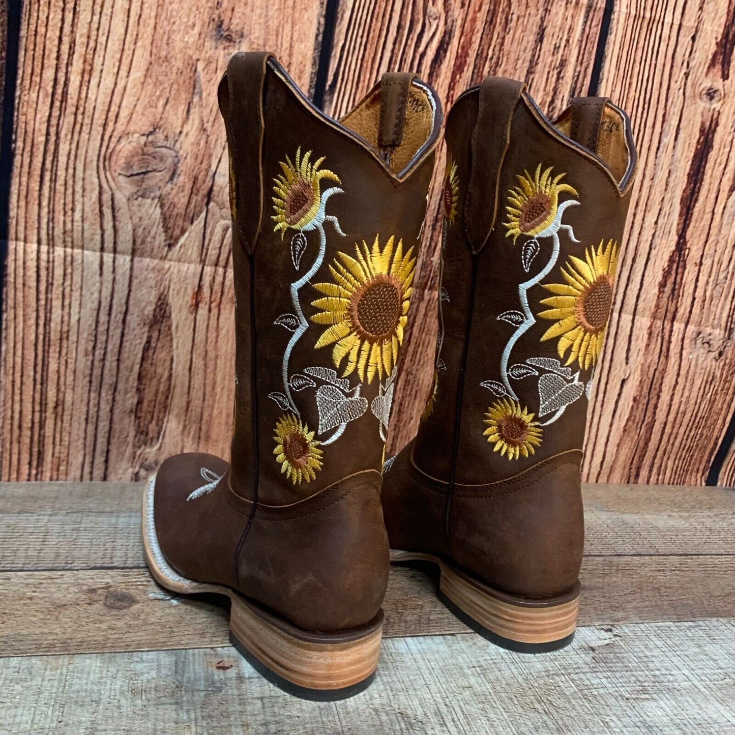 Botas de cuero con bordado de girasoles y punta cuadrada estilo rodeo occidental para mujer, aprox. 808 Girasoles