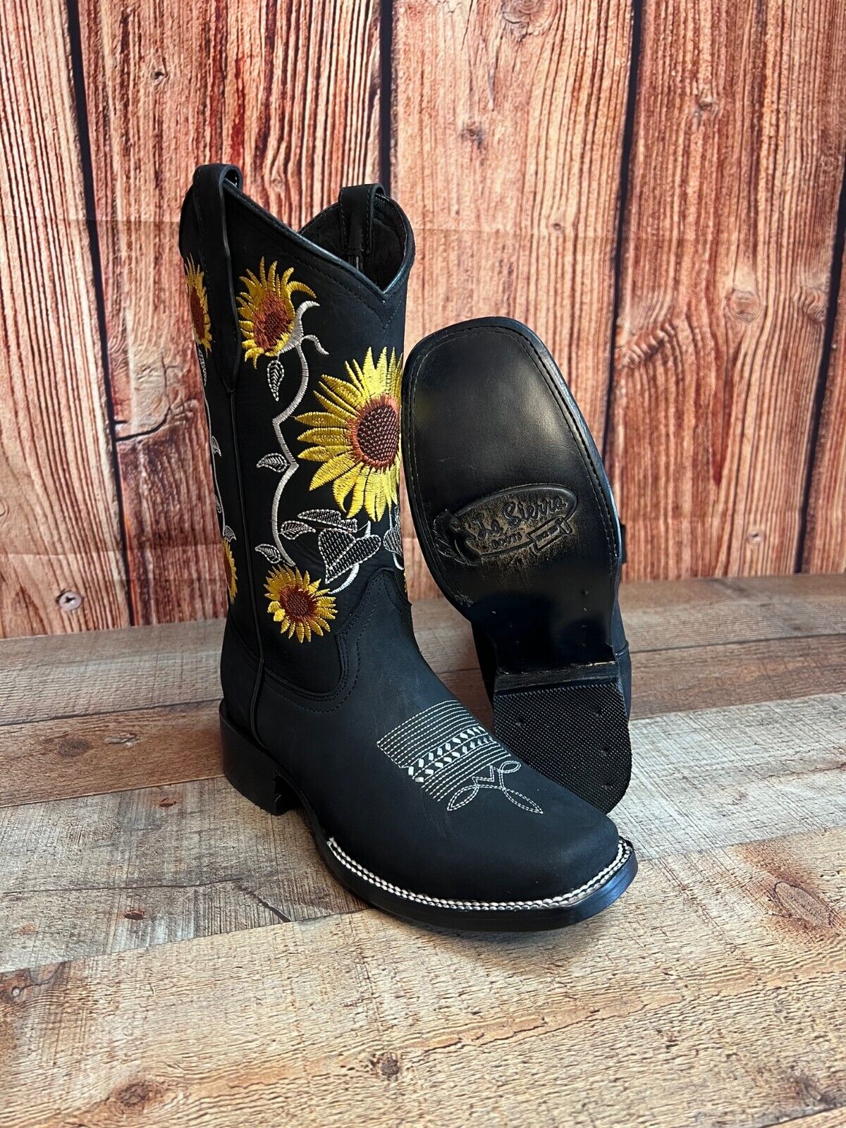 Botas de cuero con bordado de girasoles y punta cuadrada estilo rodeo occidental para mujer, aprox. 808 Girasoles