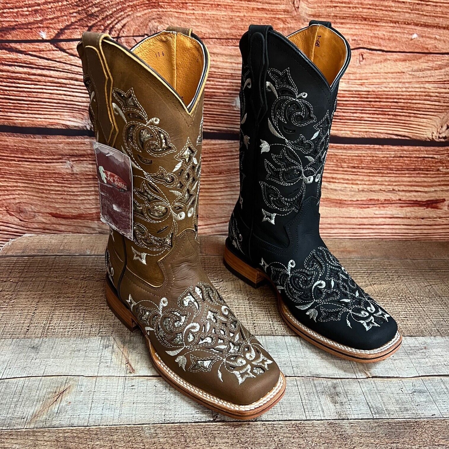 Botas de mujer de cuero cincelado con incrustaciones de purpurina y punta cuadrada de rodeo occidental Est.258/930 Dama Glitter