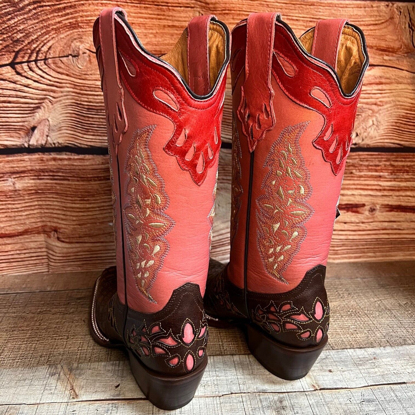 Women's Rodeo Cowgirl Boots Genuine Leather Snipped Toe Boots Est.323 Salmon