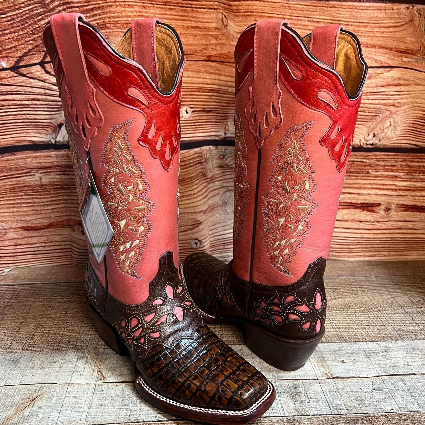 Women's Rodeo Cowgirl Boots Genuine Leather Snipped Toe Boots Est.323 Salmon