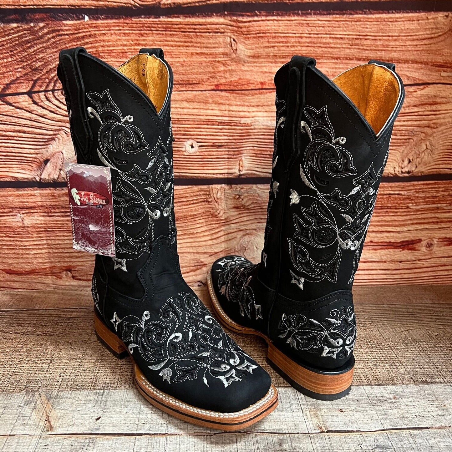 Botas de mujer de cuero cincelado con incrustaciones de purpurina y punta cuadrada de rodeo occidental Est.258/930 Dama Glitter