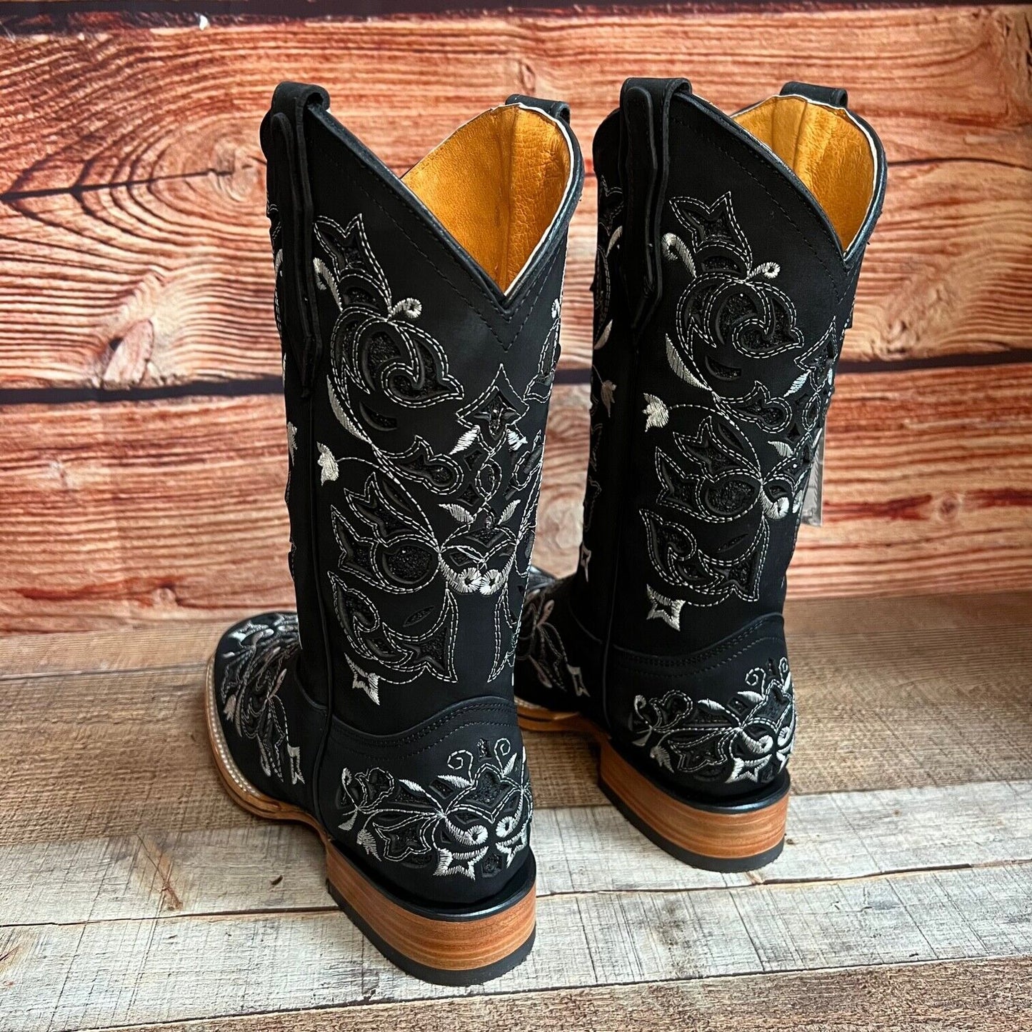 Botas de mujer de cuero cincelado con incrustaciones de purpurina y punta cuadrada de rodeo occidental Est.258/930 Dama Glitter