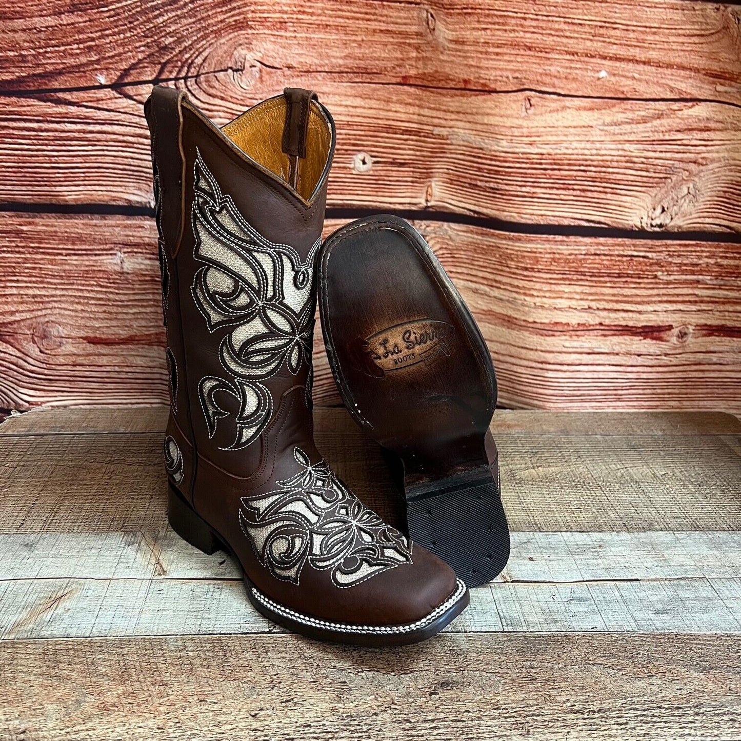 Botas de mujer de cuero cincelado con incrustaciones de purpurina y punta cuadrada de rodeo occidental Est.258/930 Dama Glitter