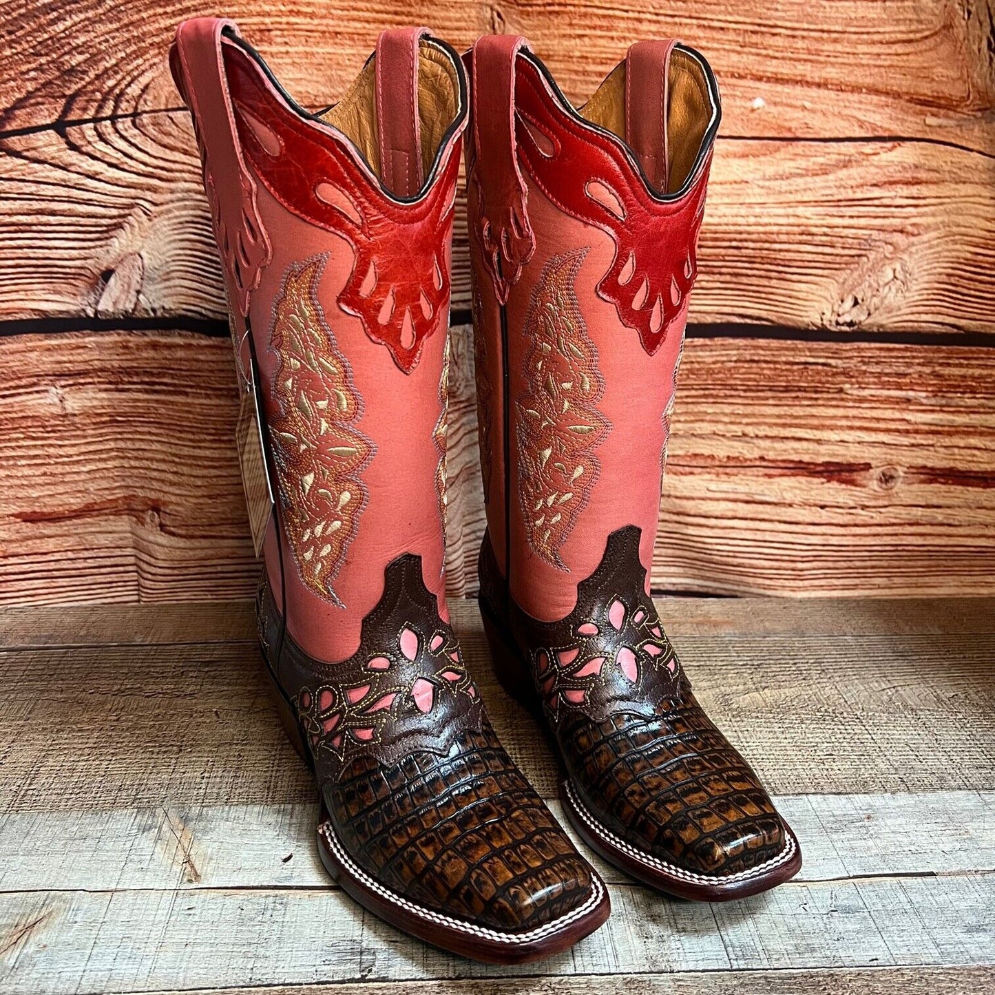 Women's Rodeo Cowgirl Boots Genuine Leather Snipped Toe Boots Est.323 Salmon