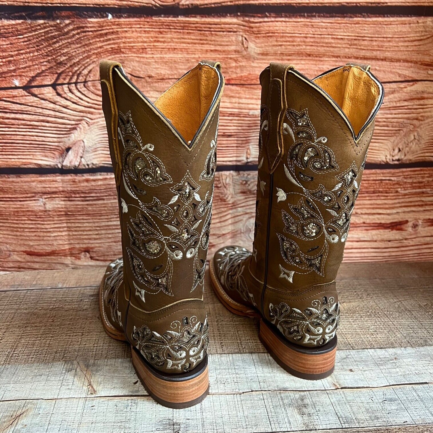 Botas de mujer de cuero cincelado con incrustaciones de purpurina y punta cuadrada de rodeo occidental Est.258/930 Dama Glitter