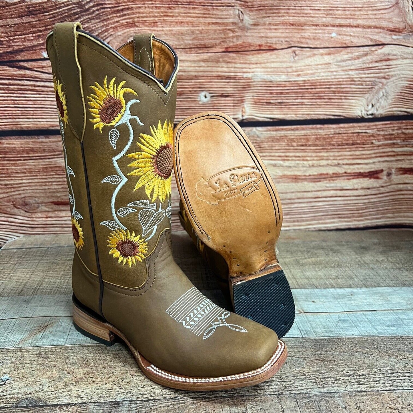 Botas de cuero con bordado de girasoles y punta cuadrada estilo rodeo occidental para mujer, aprox. 808 Girasoles