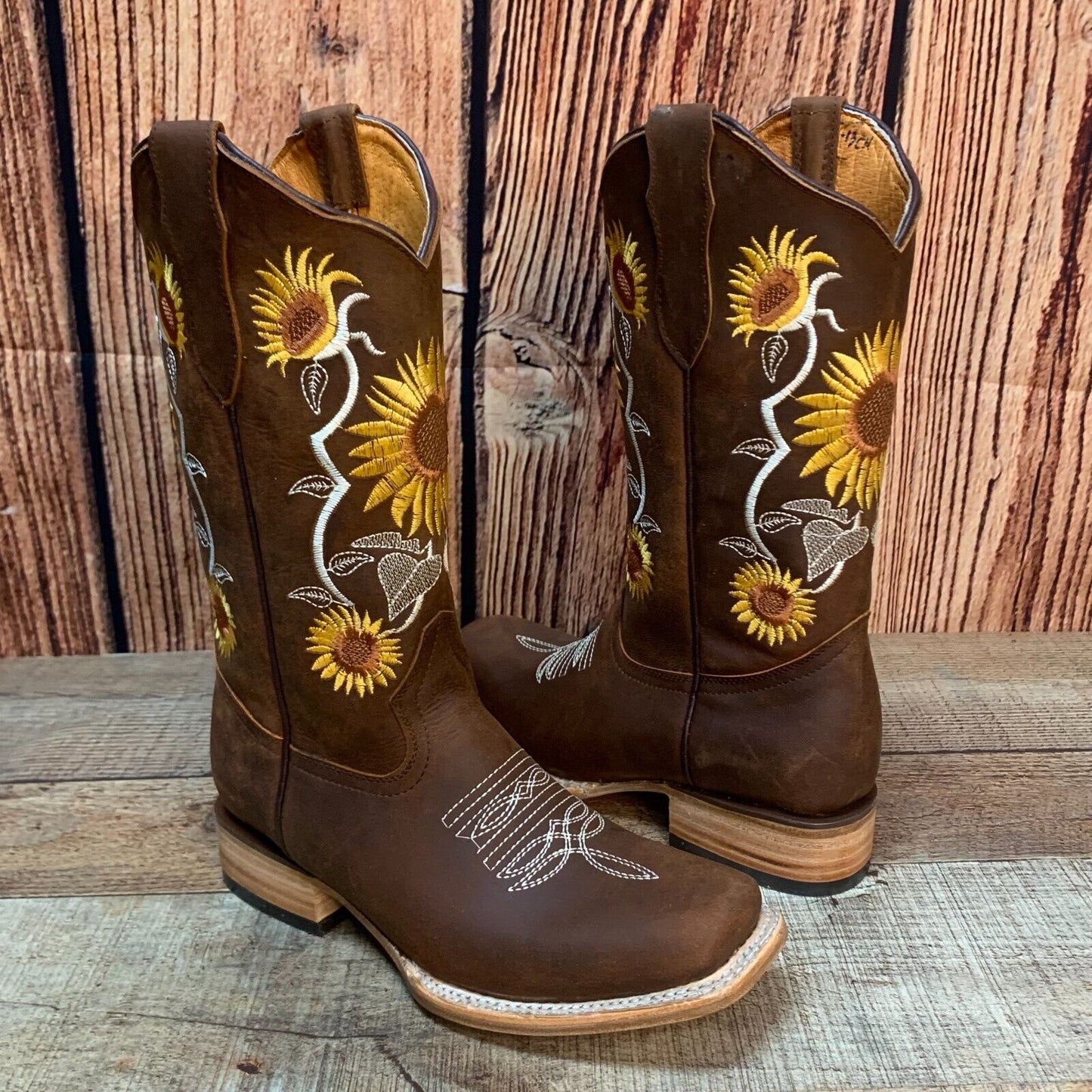 Botas de cuero con bordado de girasoles y punta cuadrada estilo rodeo occidental para mujer, aprox. 808 Girasoles